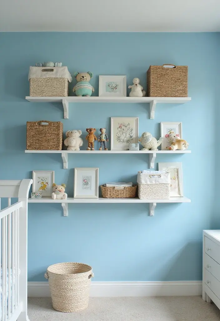 25 Light Blue Nursery Ideas That Create a Soothing Space 10 25 Light Blue Nursery Ideas That Create a Soothing Space - 10. Light Blue Shelving Solutions