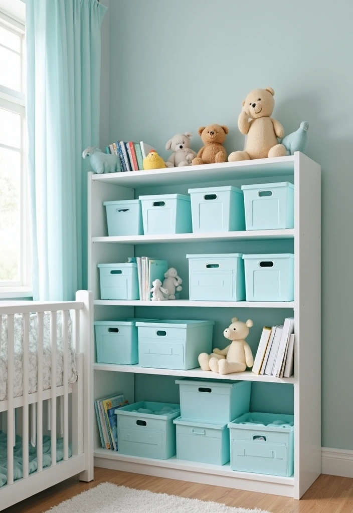 25 Light Blue Nursery Ideas That Create a Soothing Space 19 25 Light Blue Nursery Ideas That Create a Soothing Space - 19. Light Blue Decorative Boxes