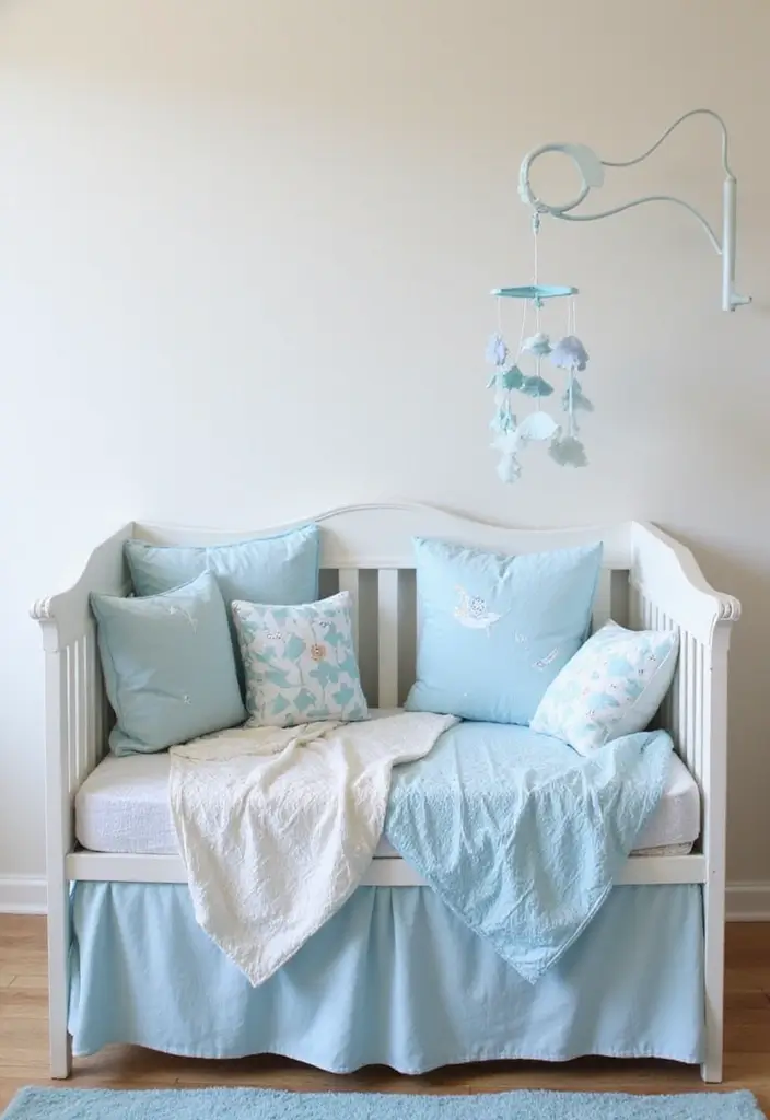 25 Light Blue Nursery Ideas That Create a Soothing Space 2 25 Light Blue Nursery Ideas That Create a Soothing Space - 2. Cozy Light Blue Crib Bedding