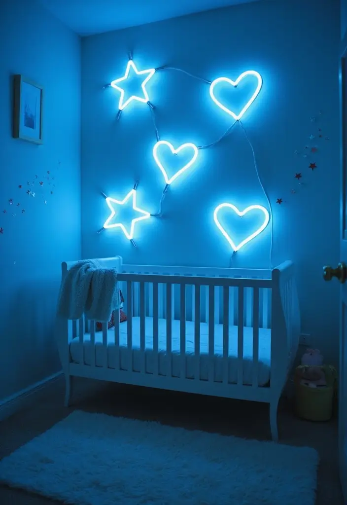 25 Light Blue Nursery Ideas That Create a Soothing Space 23 25 Light Blue Nursery Ideas That Create a Soothing Space - 23. Light Blue Neon Lights for a Modern Twist