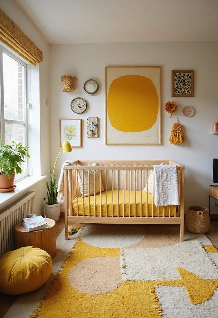 25 Yellow Nursery Designs That Look Cheerful and Bright 19 25 Yellow Nursery Designs That Look Cheerful and Bright - 19. Mixed Media: Creative Layering