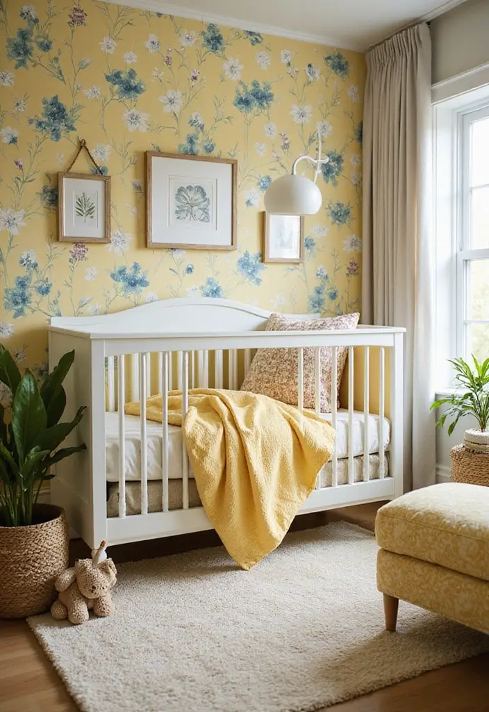 25 Yellow Nursery Designs That Look Cheerful and Bright 4 25 Yellow Nursery Designs That Look Cheerful and Bright - 4. Sunshine Floral: A Garden-Inspired Retreat