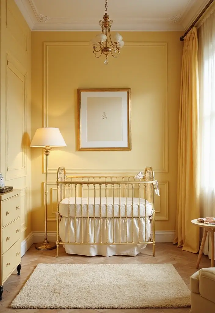 25 Yellow Nursery Designs That Look Cheerful and Bright 6 25 Yellow Nursery Designs That Look Cheerful and Bright - 6. Golden Accents: A Touch of Luxury