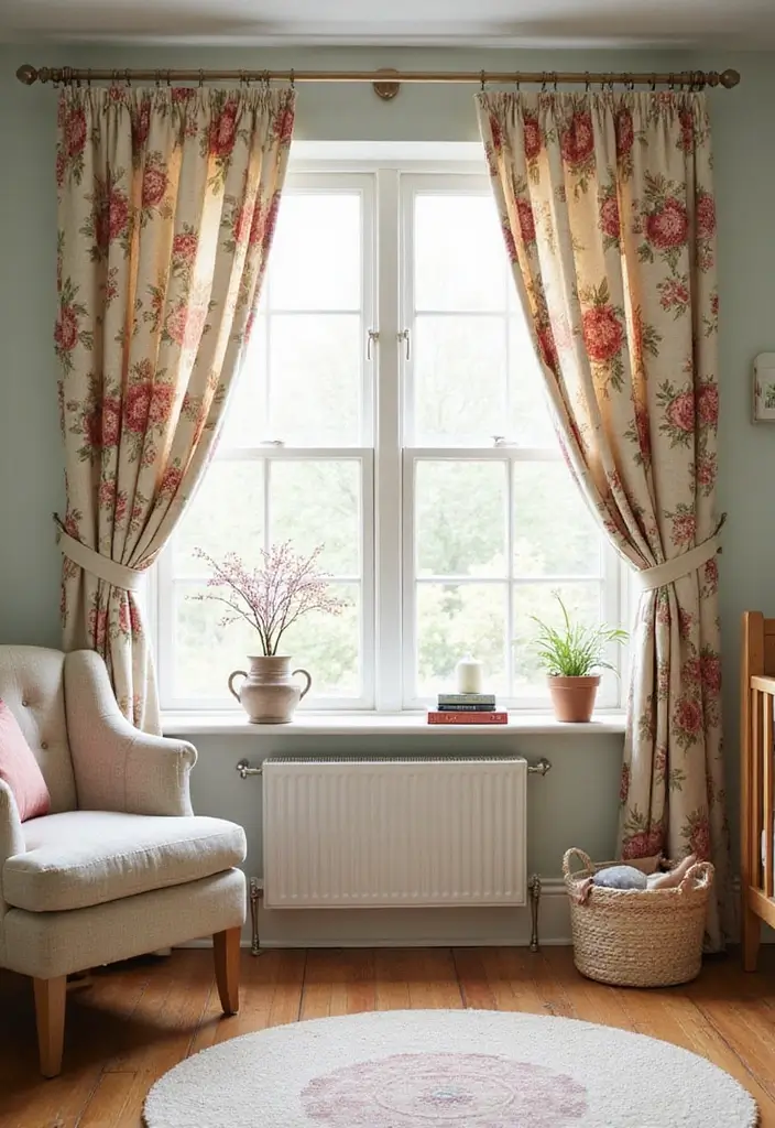 27 Curtains in Nursery Inspirations That Complete the Look - 2. Vintage Floral Prints