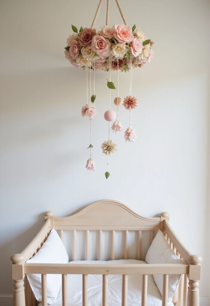 27 Floral Nursery Inspirations That Add Whimsy and Charm 14 27 Floral Nursery Inspirations That Add Whimsy and Charm - 14. Flowered Ceiling Mobile