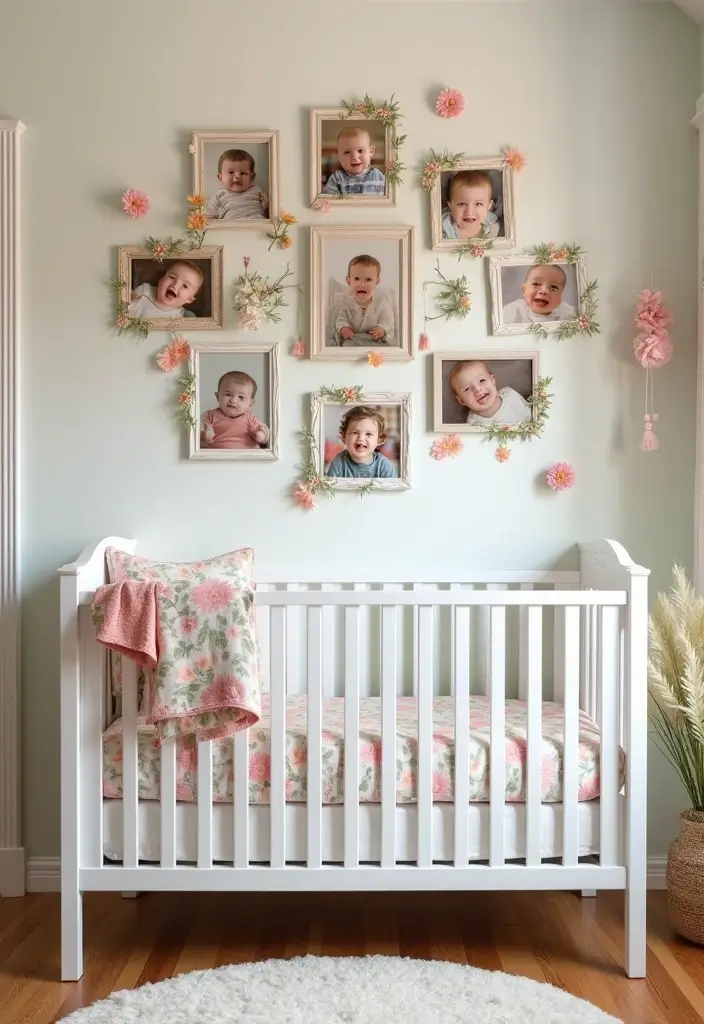27 Floral Nursery Inspirations That Add Whimsy and Charm 27 27 Floral Nursery Inspirations That Add Whimsy and Charm - 27. Floral Milestones Photo Wall