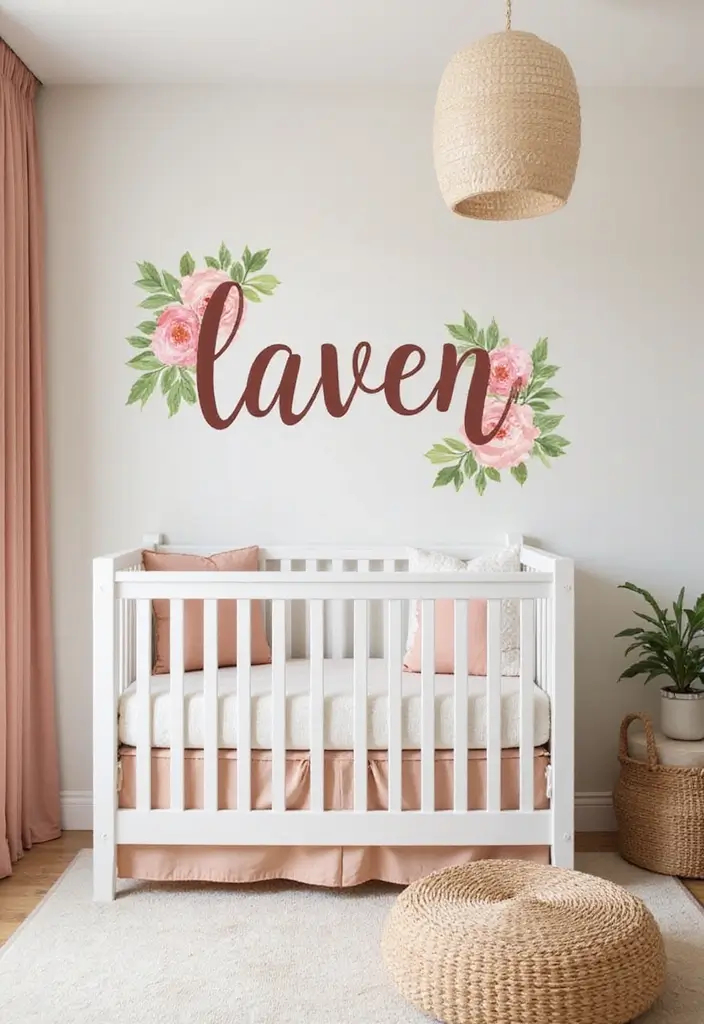 27 Floral Nursery Inspirations That Add Whimsy and Charm 8 27 Floral Nursery Inspirations That Add Whimsy and Charm - 8. Custom Floral Name Decals