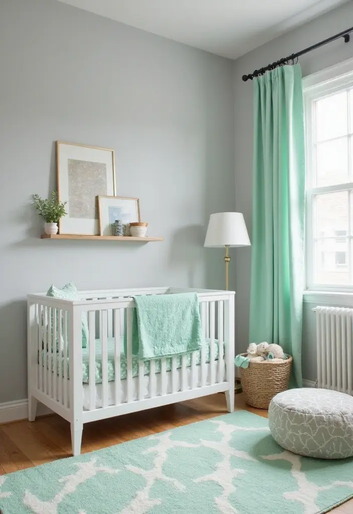 27 Moody Nursery Inspirations That Look Stylish and Calm - 4. Soft Gray and Mint Fusion