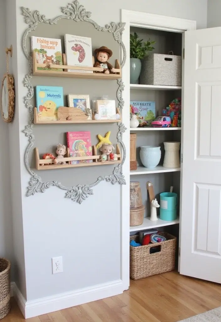 28 Closet Nursery Setups That Save Space Brilliantly 17 28 Closet Nursery Setups That Save Space Brilliantly - 17. Wall Art Storage