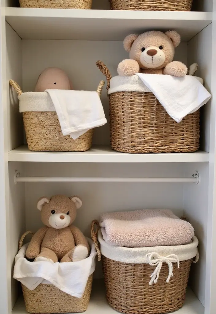 28 Closet Nursery Setups That Save Space Brilliantly 19 28 Closet Nursery Setups That Save Space Brilliantly - 19. Baskets for Soft Items