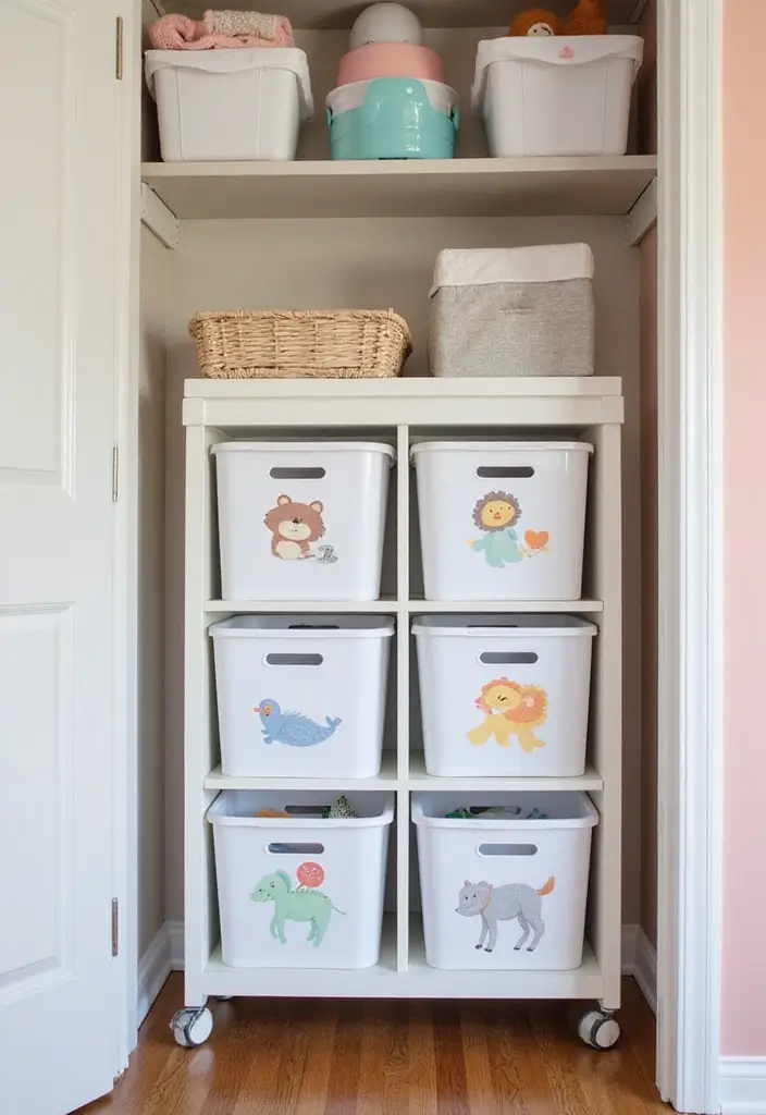 28 Closet Nursery Setups That Save Space Brilliantly 6 28 Closet Nursery Setups That Save Space Brilliantly - 6. Rolling Storage Bins