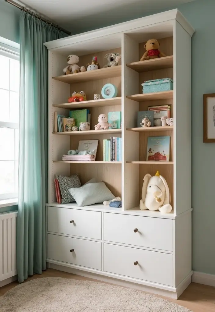 28 Nursery Bookshelf Designs That Encourage Early Reading 10 28 Nursery Bookshelf Designs That Encourage Early Reading - 10. Multi-Functional Corner Unit
