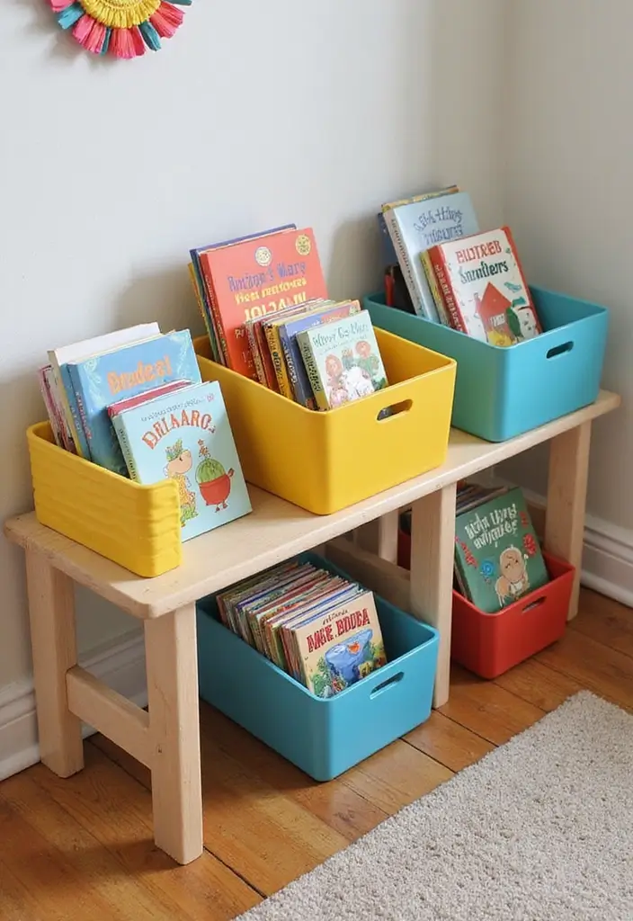 28 Nursery Bookshelf Designs That Encourage Early Reading 19 28 Nursery Bookshelf Designs That Encourage Early Reading - 19. Colorful Book Bins