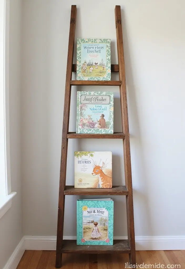 28 Nursery Bookshelf Designs That Encourage Early Reading 3 28 Nursery Bookshelf Designs That Encourage Early Reading - 3. Vintage Ladder Bookshelf