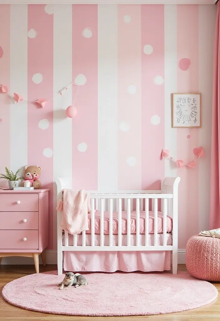 28 Pink Nursery Inspirations That Stay Sweet and Timeless 11 28 Pink Nursery Inspirations That Stay Sweet and Timeless - 11. Classic Stripes and Polka Dots