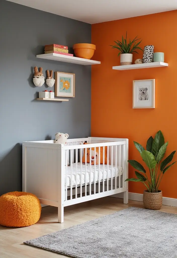 29 Grey Nursery Inspirations That Look Modern and Calm 22 29 Grey Nursery Inspirations That Look Modern and Calm - 22. Grey and Bright Orange