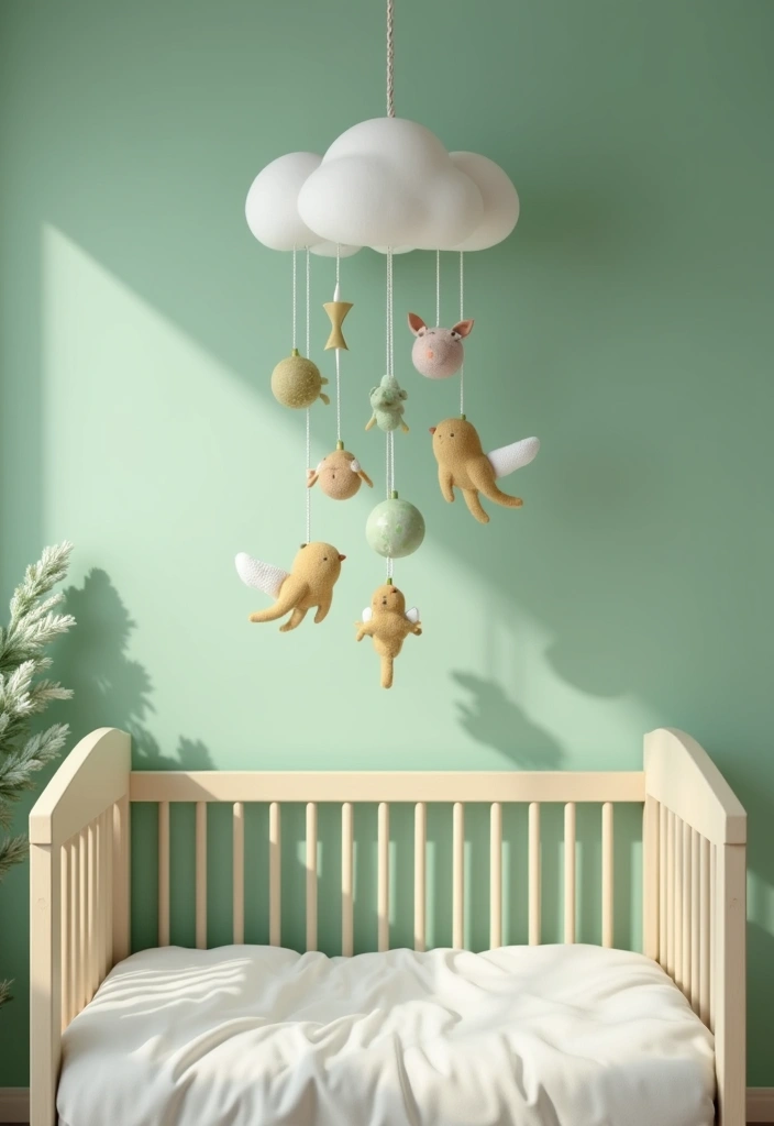 29 Sage Green Nursery Inspirations That Parents Can’t Resist 14 29 Sage Green Nursery Inspirations That Parents Can’t Resist - 14. Sweet Mobile Decor