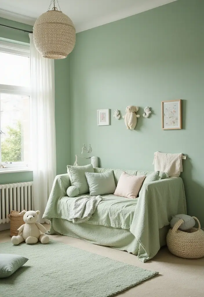 29 Sage Green Nursery Inspirations That Parents Can’t Resist 21 29 Sage Green Nursery Inspirations That Parents Can’t Resist - 21. Baby-Friendly Fabrics