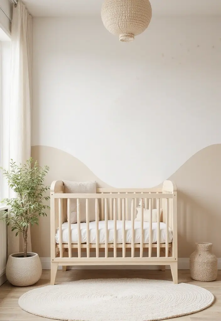 30 Beige Nursery Designs That Look Calm and Neutral 19 30 Beige Nursery Designs That Look Calm and Neutral - 19. Beige Accent Wall with Subtle Patterns