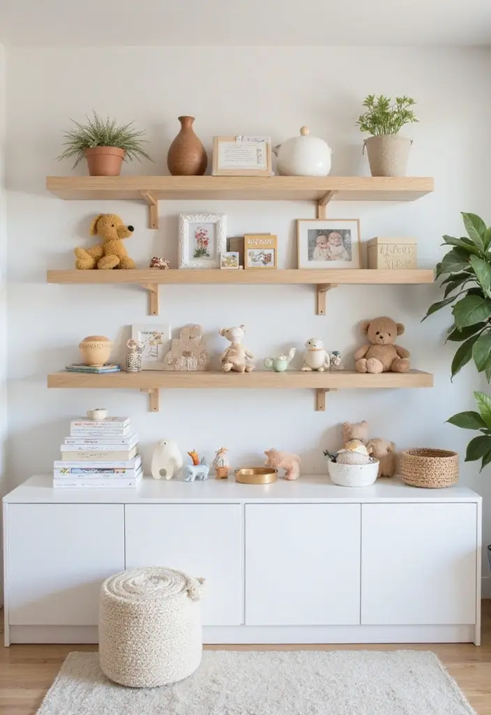30 Beige Nursery Designs That Look Calm and Neutral 4 30 Beige Nursery Designs That Look Calm and Neutral - 4. Minimalist Shelving for Practicality