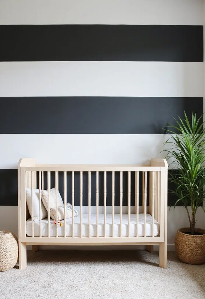 30 Black and White Nursery Ideas That Look Minimalist and Chic - 1. Bold Striped Accent Wall