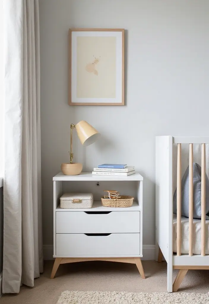 30 Black and White Nursery Ideas That Look Minimalist and Chic - 26. Minimalist Nightstand beside the Crib