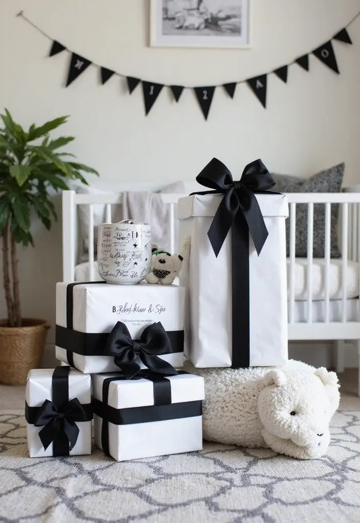30 Black and White Nursery Ideas That Look Minimalist and Chic - 29. Black and White Baby Shower Gifts