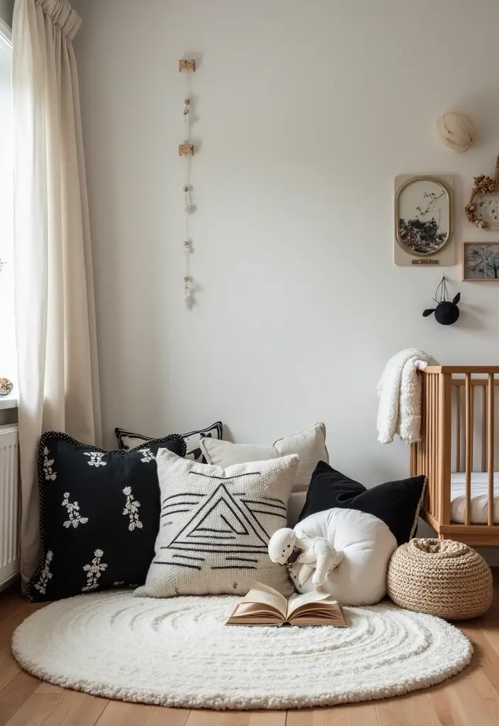 30 Black and White Nursery Ideas That Look Minimalist and Chic - 30. Cozy Reading Cushions