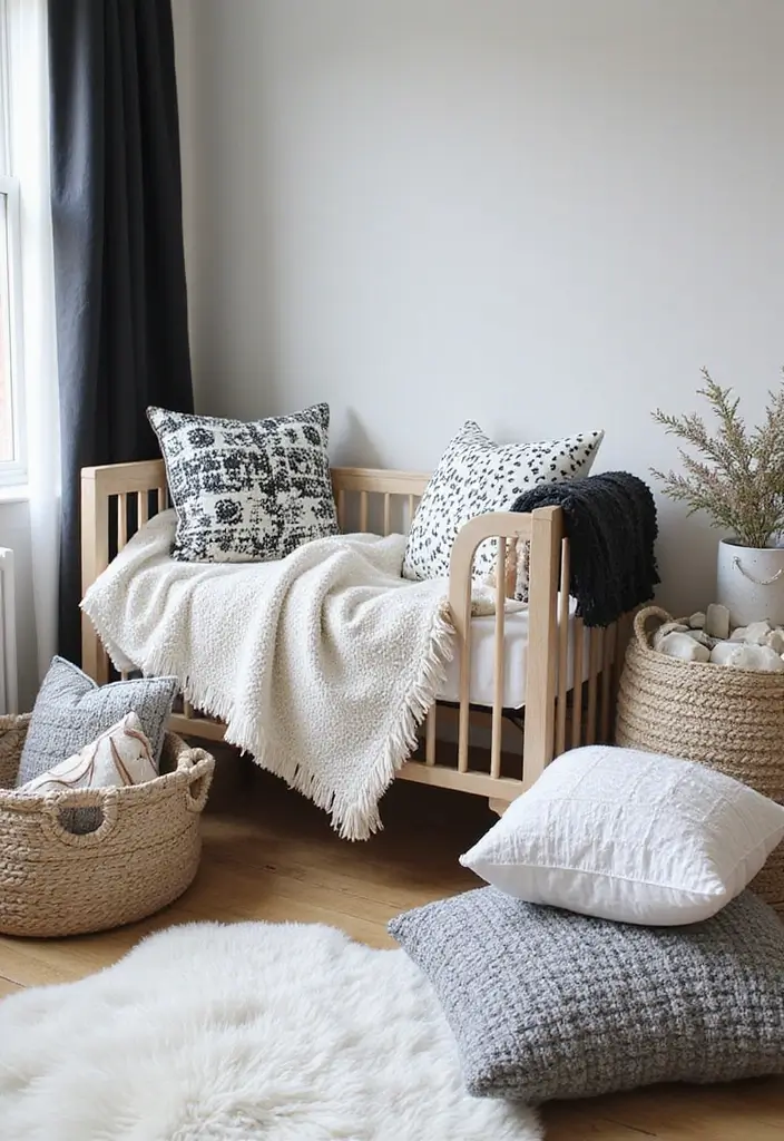 30 Black and White Nursery Ideas That Look Minimalist and Chic - 4. Cozy Monochrome Textiles