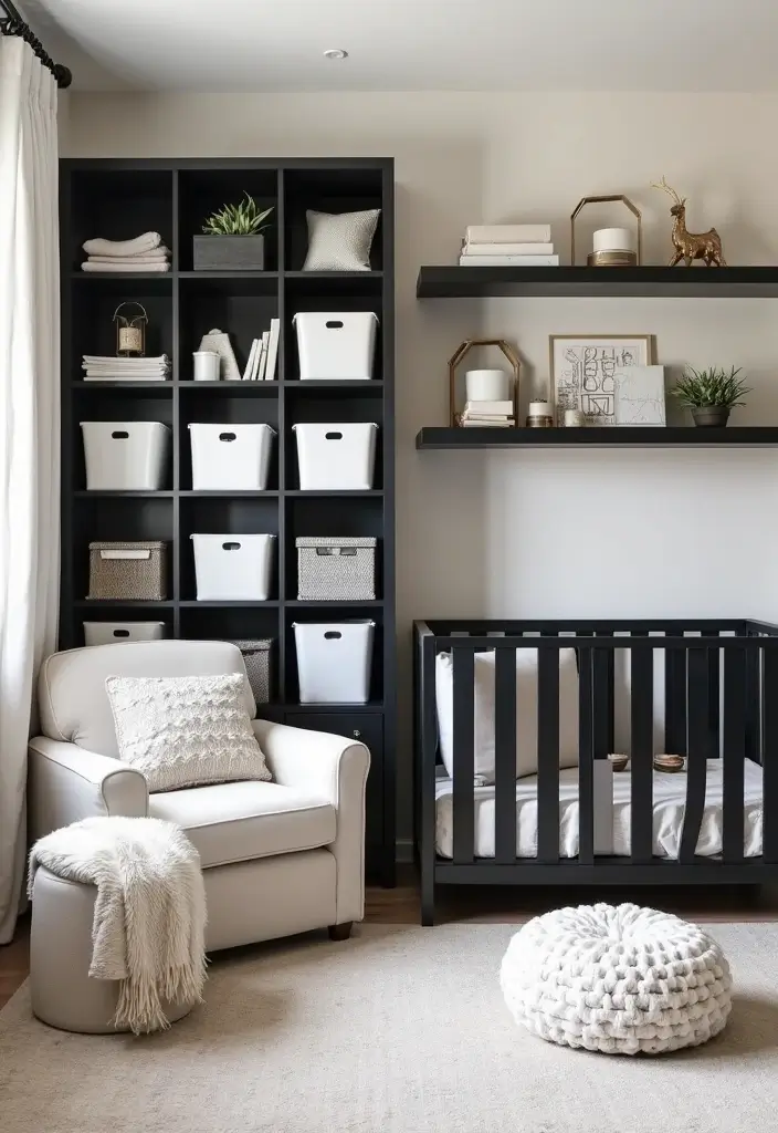 30 Black and White Nursery Ideas That Look Minimalist and Chic - 5. Functional Storage Solutions