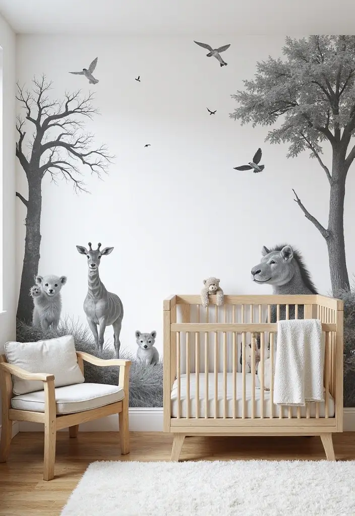 30 Black and White Nursery Ideas That Look Minimalist and Chic - 6. Chic Black and White Wall Murals