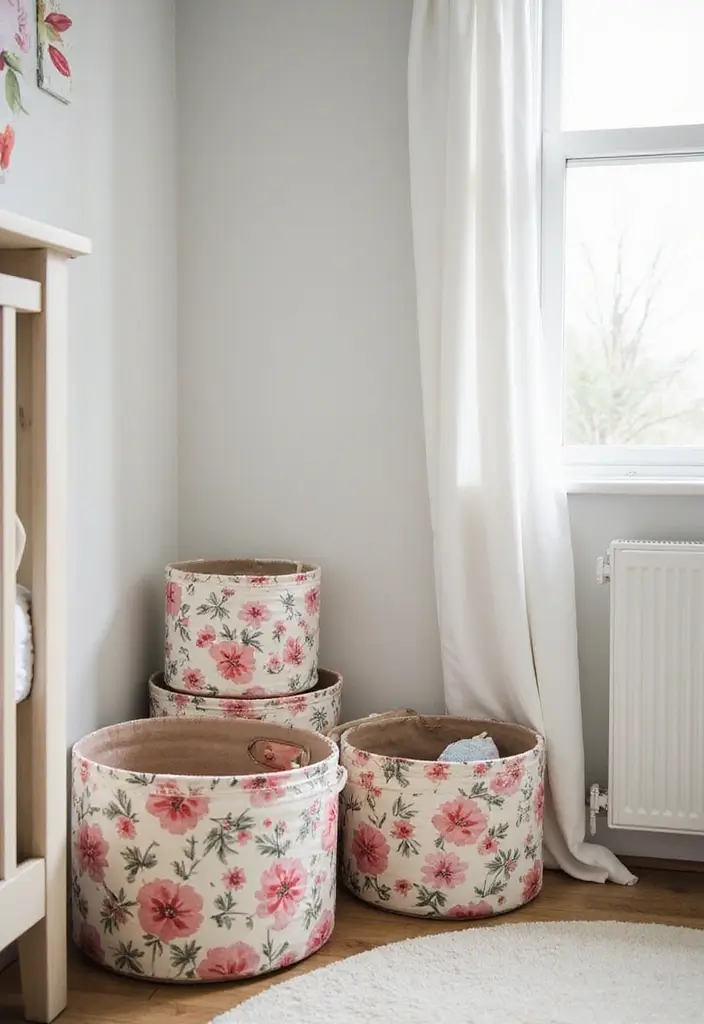 30 Girly Nursery Ideas That Feel Sweet and Elegant 18 30 Girly Nursery Ideas That Feel Sweet and Elegant - 18. Floral-Themed Toy Storage