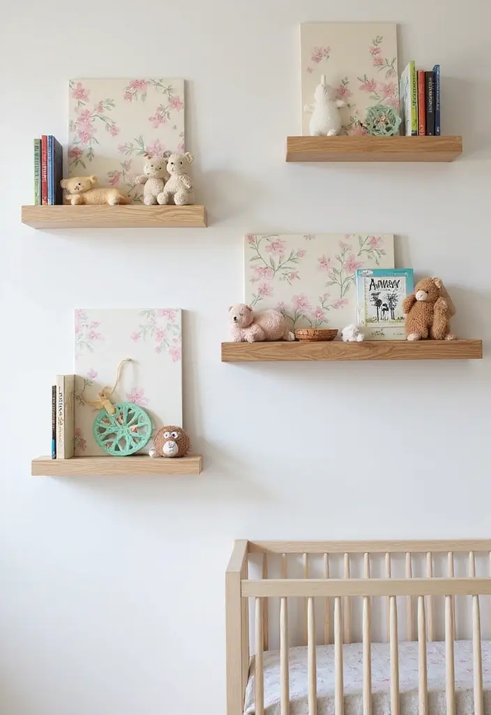 30 Girly Nursery Ideas That Feel Sweet and Elegant 27 30 Girly Nursery Ideas That Feel Sweet and Elegant - 27. Floral Themed Wall Shelves