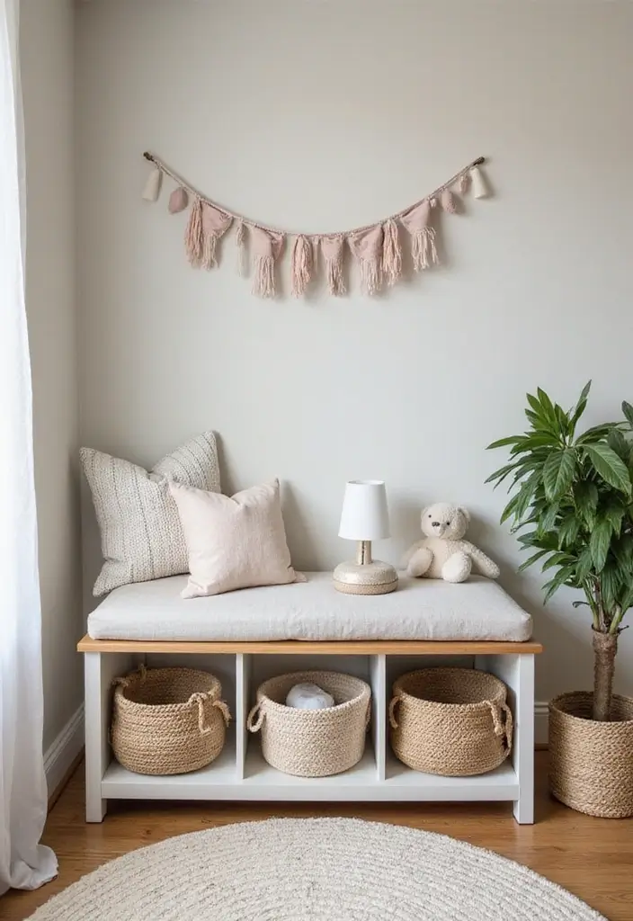30 Nursery Corner Ideas That Make the Most of Small Spaces - 15. Padded Bench with Storage