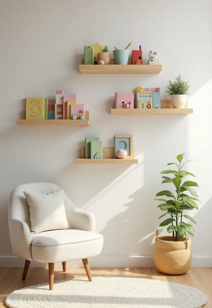30 Nursery Corner Ideas That Make the Most of Small Spaces - 2. Floating Shelves for Display and Storage