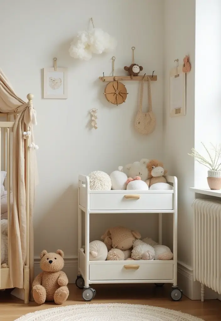 30 Small Nursery Ideas That Maximize Every Inch of Space 18 30 Small Nursery Ideas That Maximize Every Inch of Space - 18. Use a Trolley for Mobile Storage