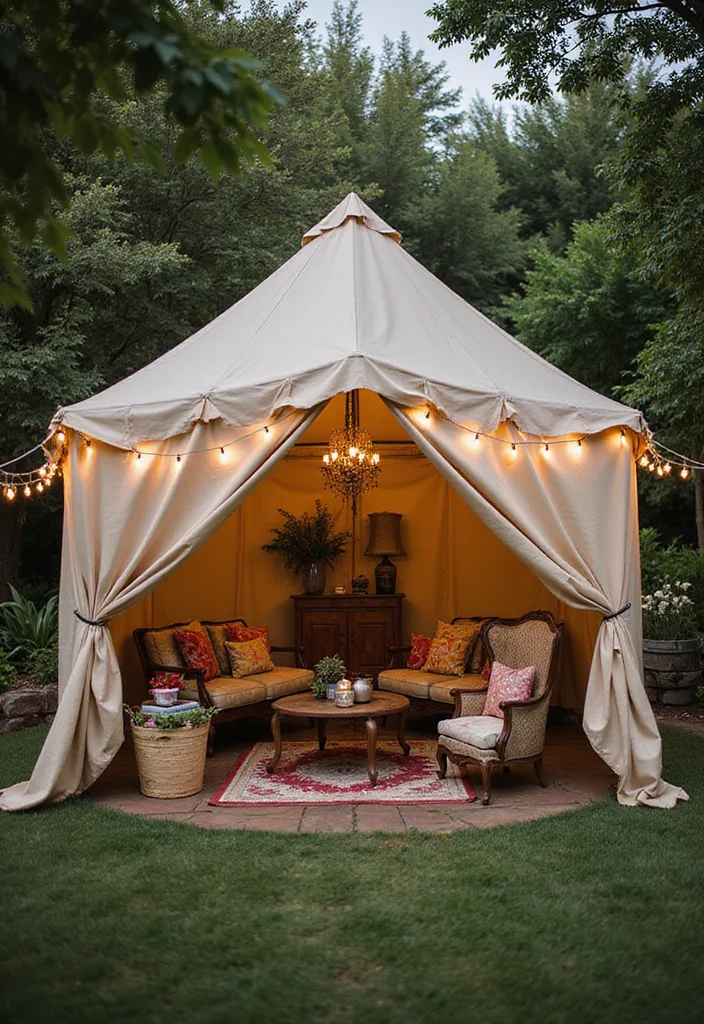 12 Backyard Pavilion Ideas for Shaded Relaxing Outdoor Living - 4. Vintage Canvas Pavilion