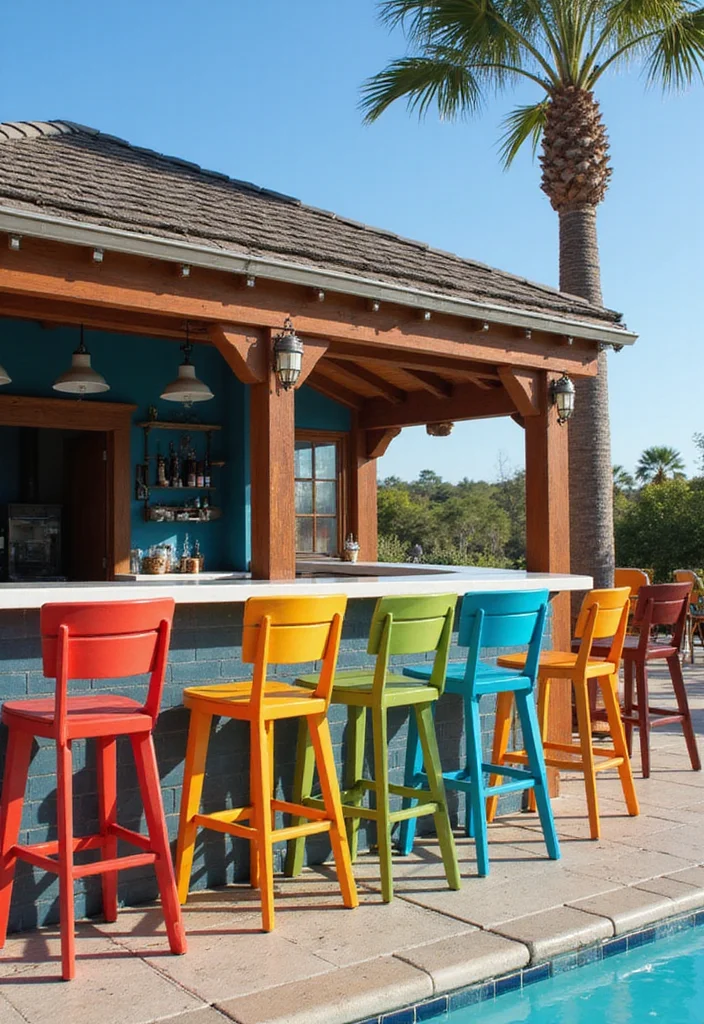 12 Backyard Pool Bar Ideas for Fun Relaxed Outdoor Entertaining - 7. Colorful Poolside Bar Stools