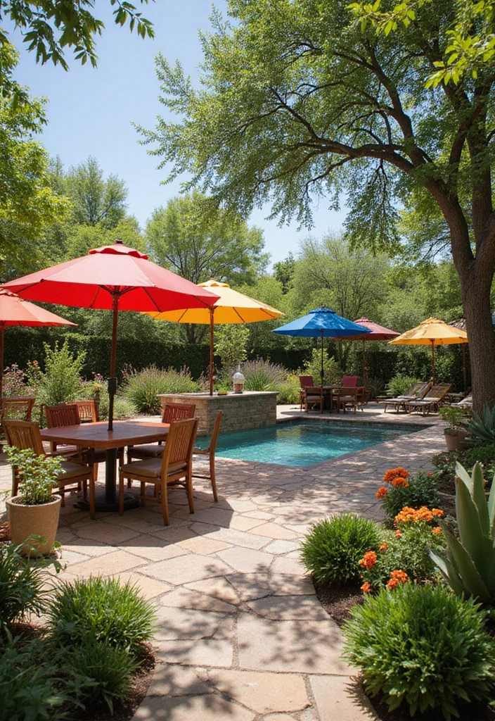 12 Beachy Backyard Ideas for Breezy Light Coastal Style - 6. Colorful Beach Umbrellas