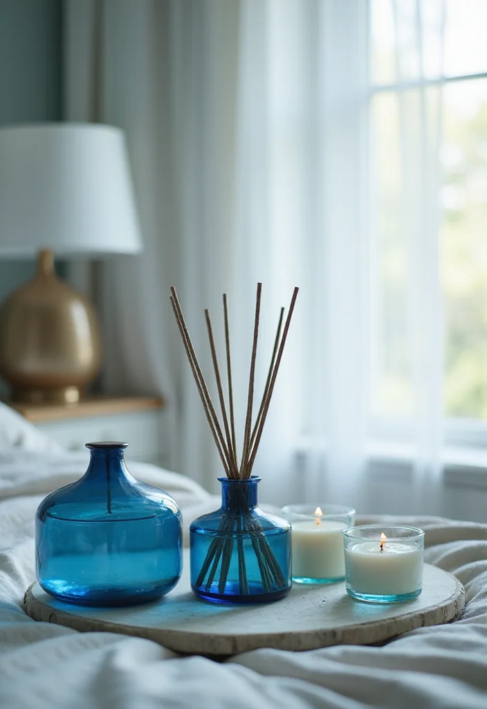 12 Bedroom Ideas Blue for Calm Cool Peaceful Living - 12. Calming Aromas with Blue Containers