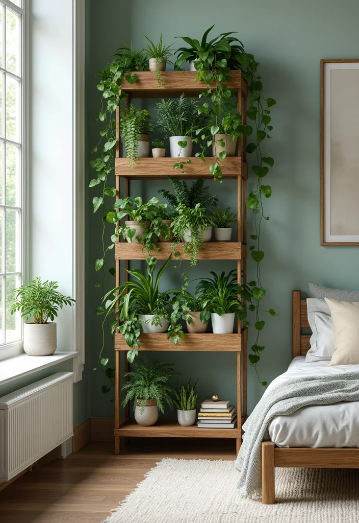 12 Bedroom Shelving Ideas for Practical Organized Decor 11. Vertical Garden Shelving for Green Thumbs