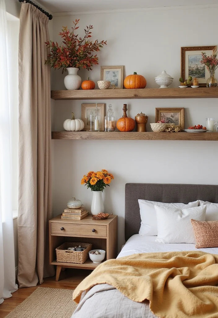 12 Bedroom Shelving Ideas for Practical Organized Decor 12. Shelf Styling with Seasonal Decor