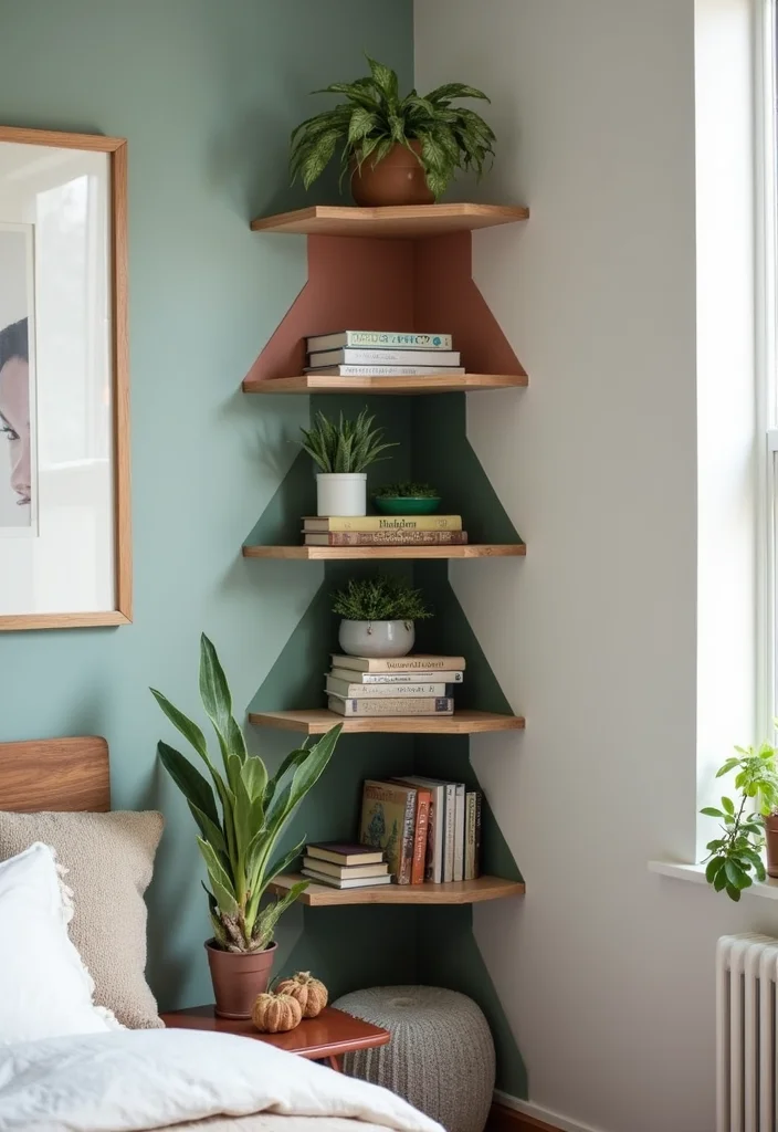 12 Bedroom Shelving Ideas for Practical Organized Decor 2. Chic Corner Shelves for Small Spaces