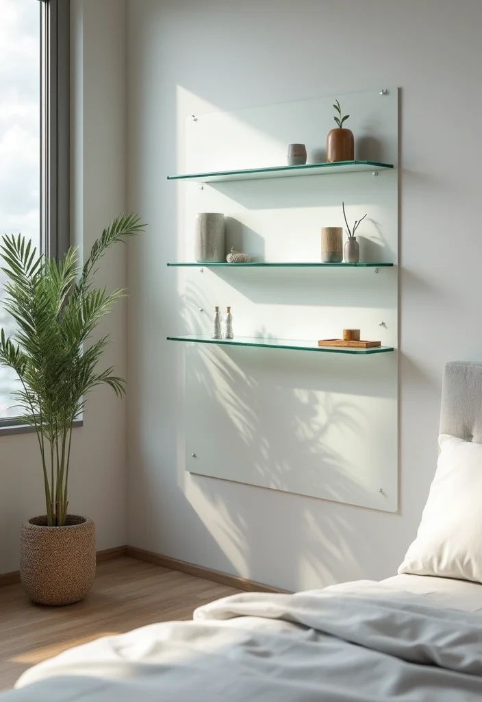 12 Bedroom Shelving Ideas for Practical Organized Decor 3. Glass Shelves for a Modern Touch