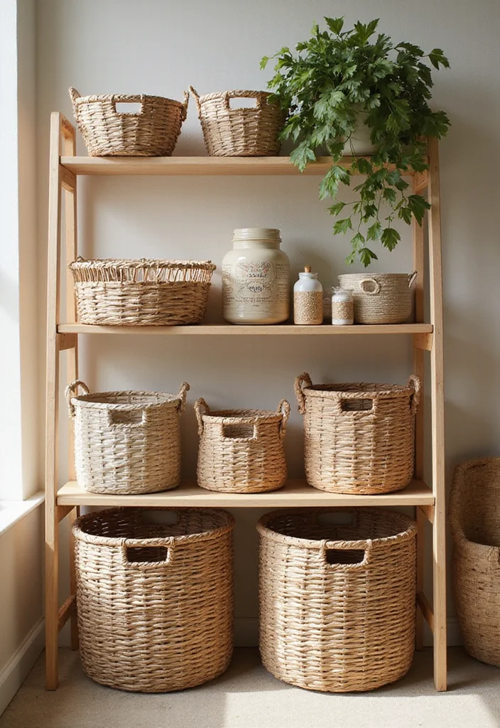 12 Bedroom Shelving Ideas for Practical Organized Decor 5. Creative Use of Baskets on Shelves