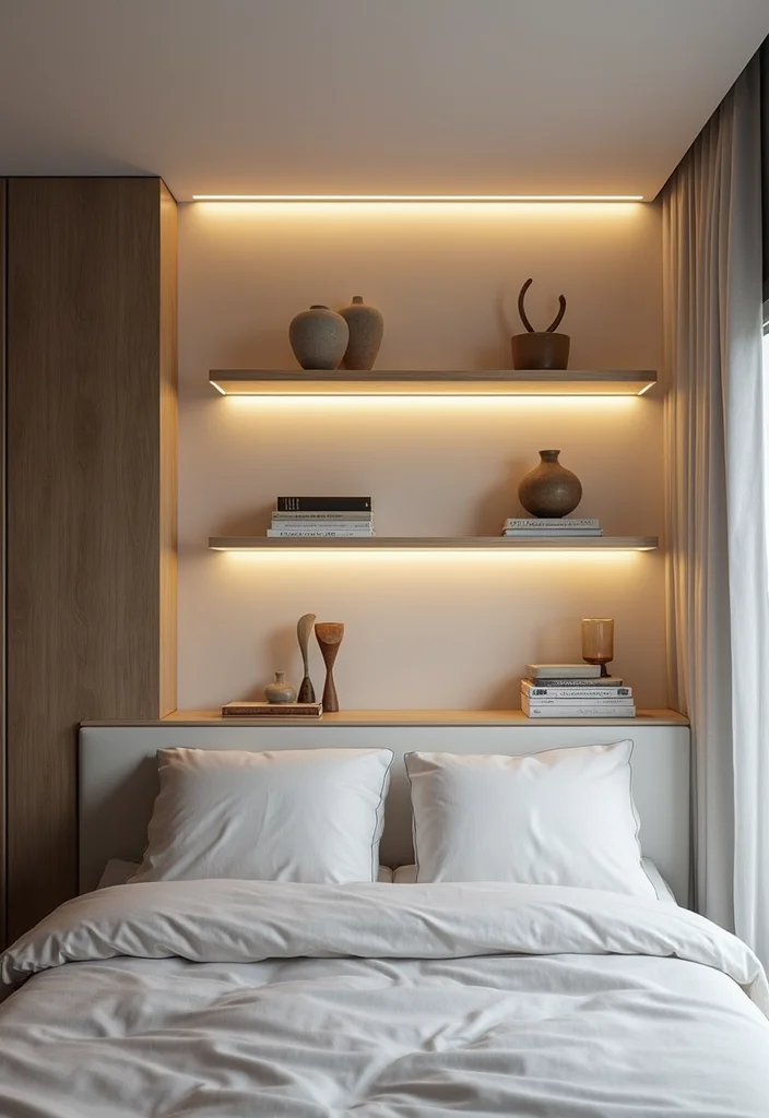 12 Bedroom Shelving Ideas for Practical Organized Decor 9. Minimalist Shelving with Integrated Lighting
