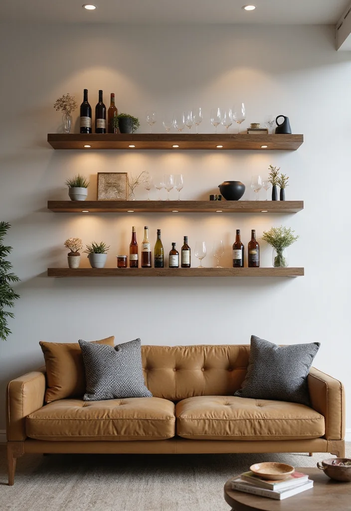 12 Living Room Bar Ideas for Casual Social Everyday Use - 2. Floating Shelves for a Minimalist Look