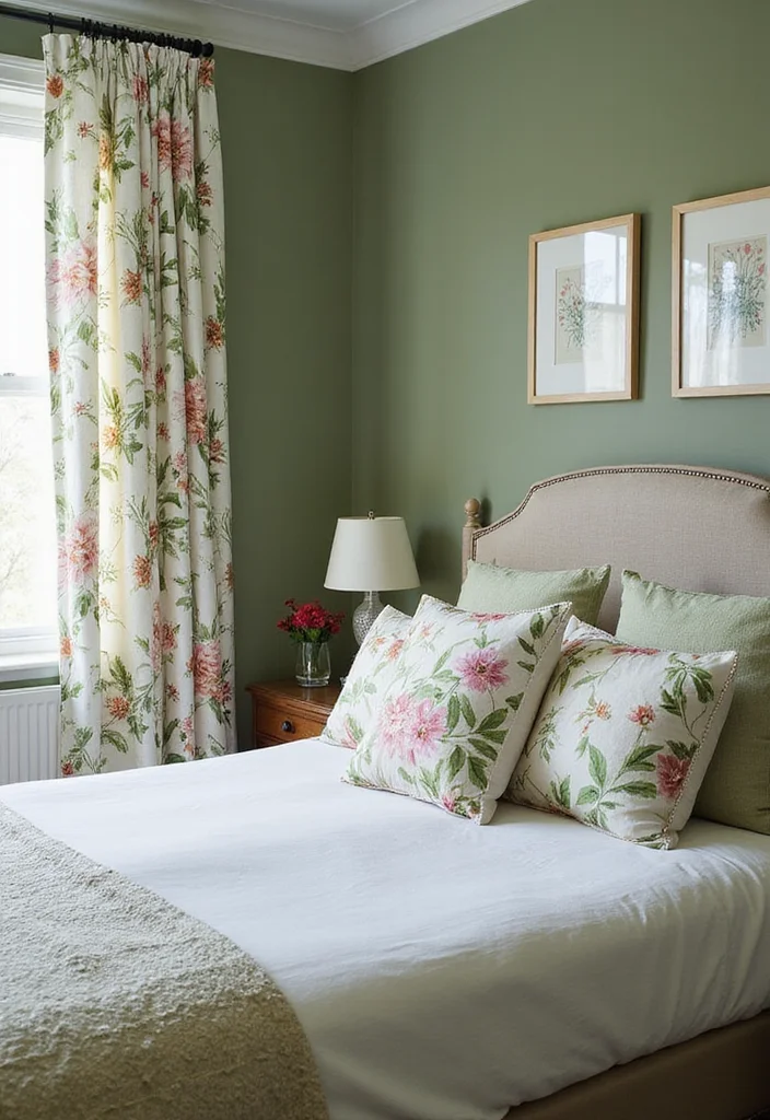 12 Sage Green Bedroom Ideas for Calm Natural Cozy Style - 8. Botanical Prints and Fabrics