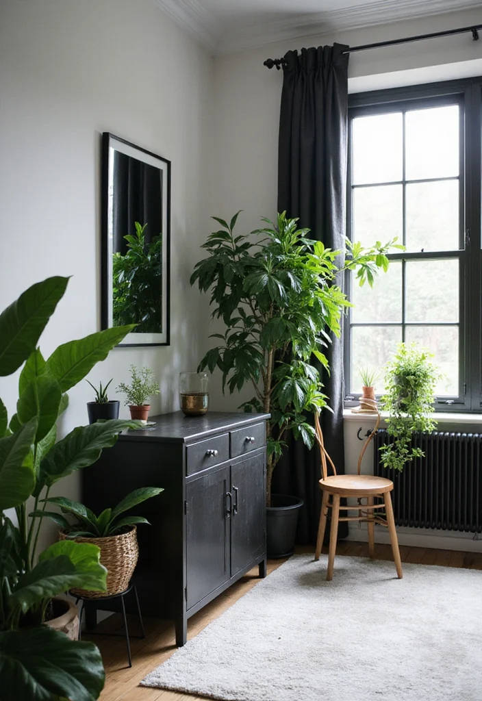 14 Black and White Bedroom Ideas for Crisp Modern Contrast 6. Contrast with Greenery