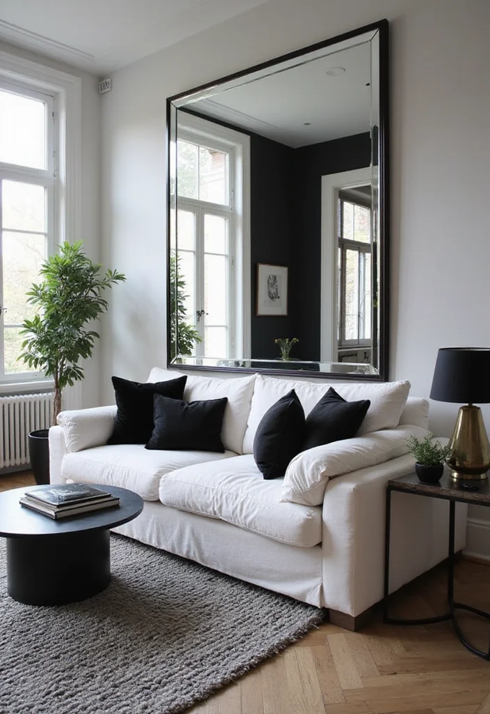 14 Black and White Living Room Ideas for Sharp Bold Contrast - 13. Functional Use of Mirrors